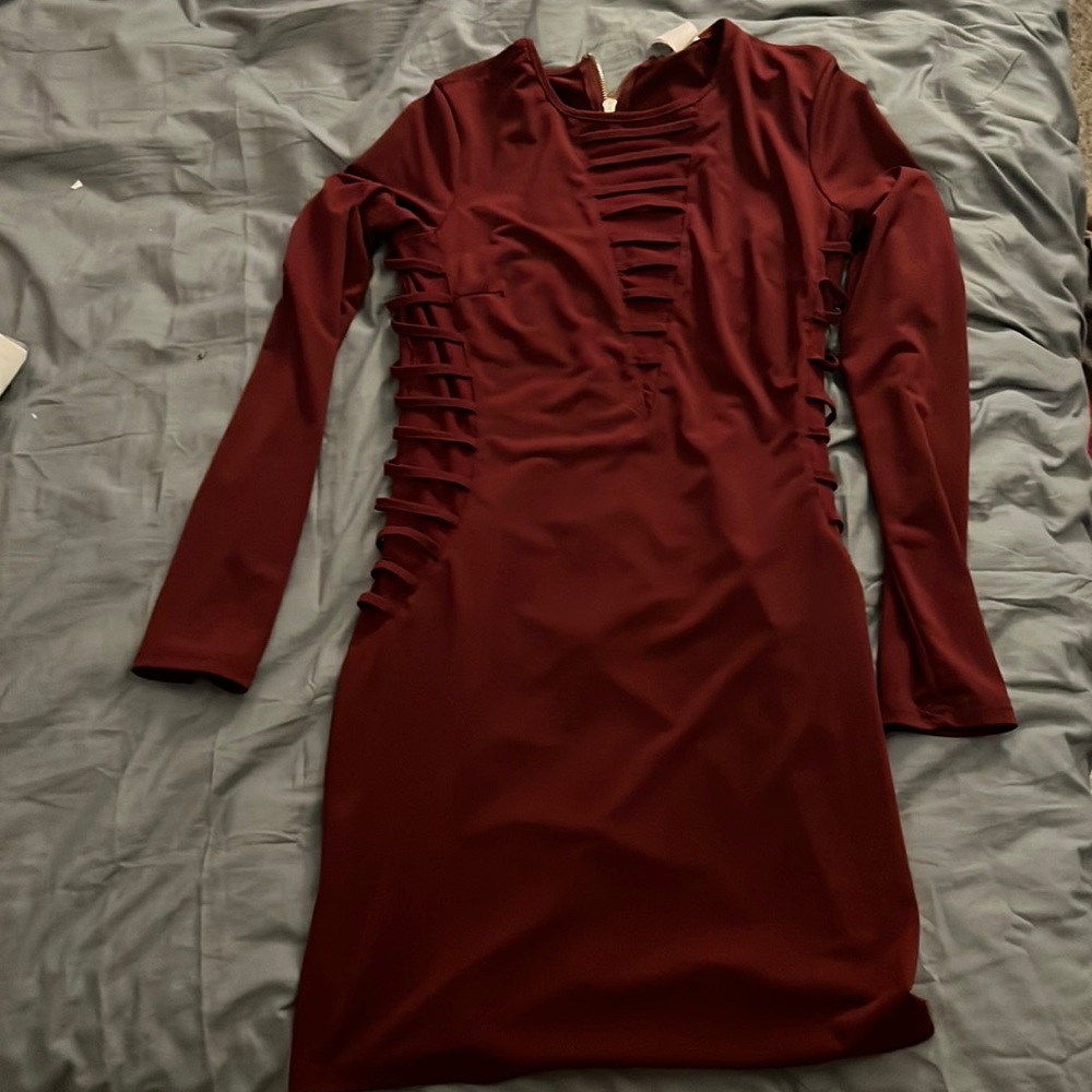 Maroon Tight Fitted dress, sheer sides, Long sleeve.